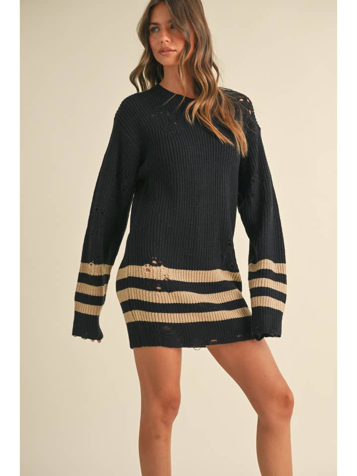 Contrast Stripes Distressed Sweater Dress