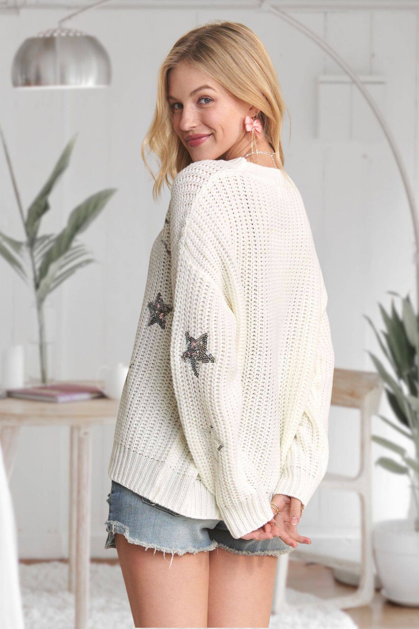 DROP SHOULDER SEQUINS STAR SWEATER TOP