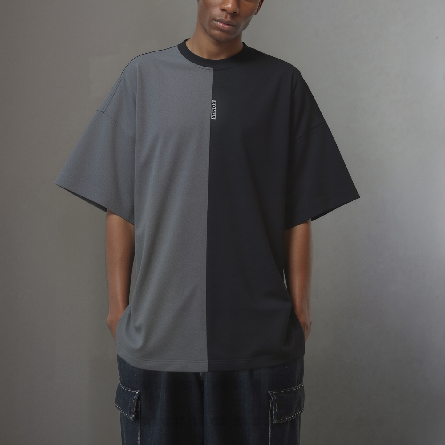 Color Blocked Oversize Tee with Reflective Tape in Black
