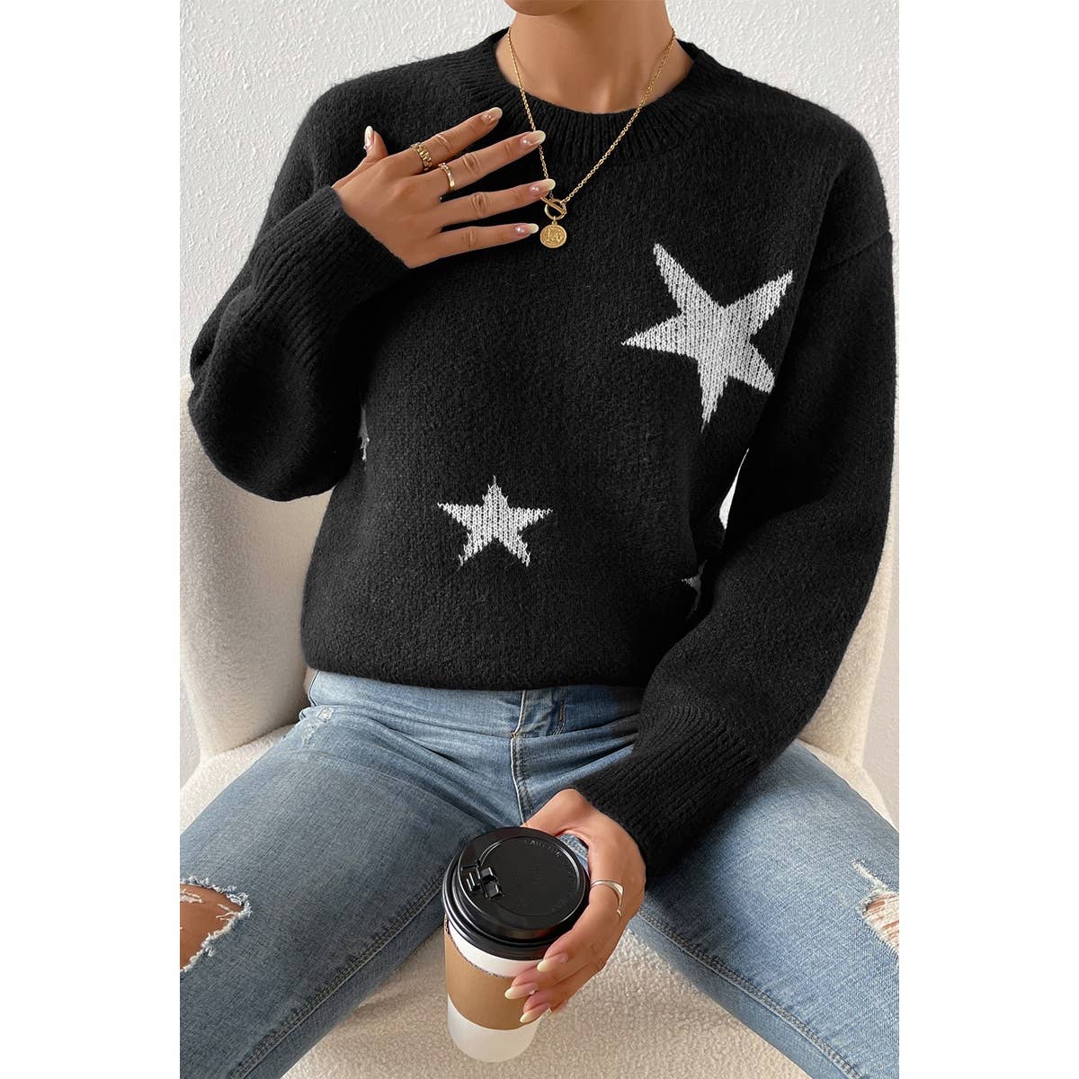 Star Print Knit Loose Fit Sweater