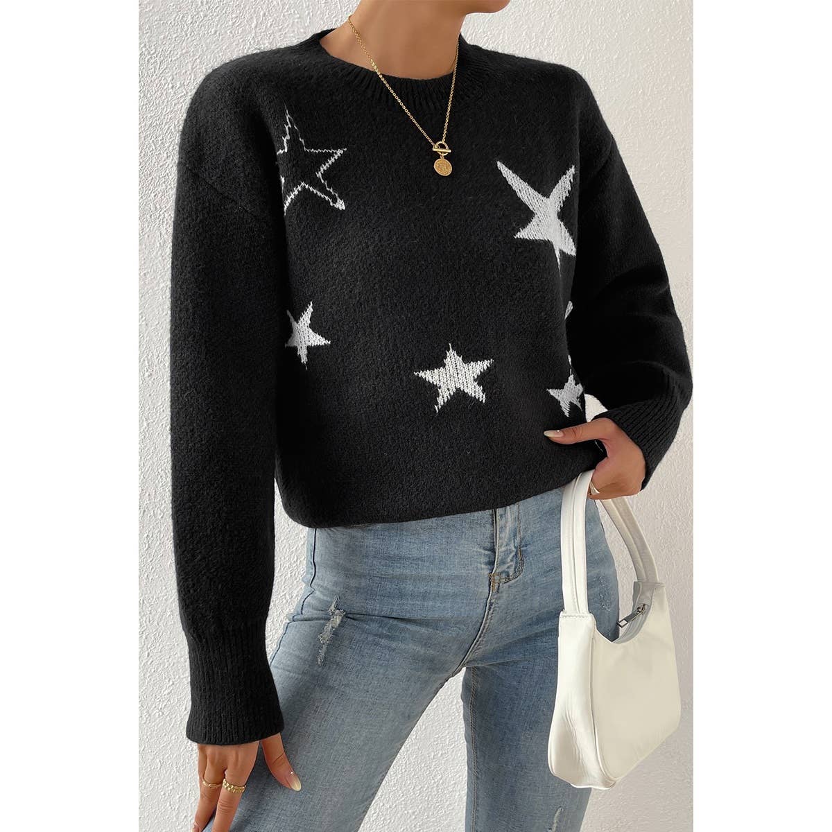 Star Print Knit Loose Fit Sweater