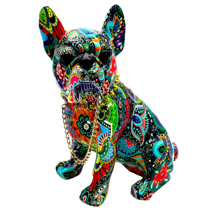 Painted Sitting Flower French Bulldog W/Necklace - 8" Tall