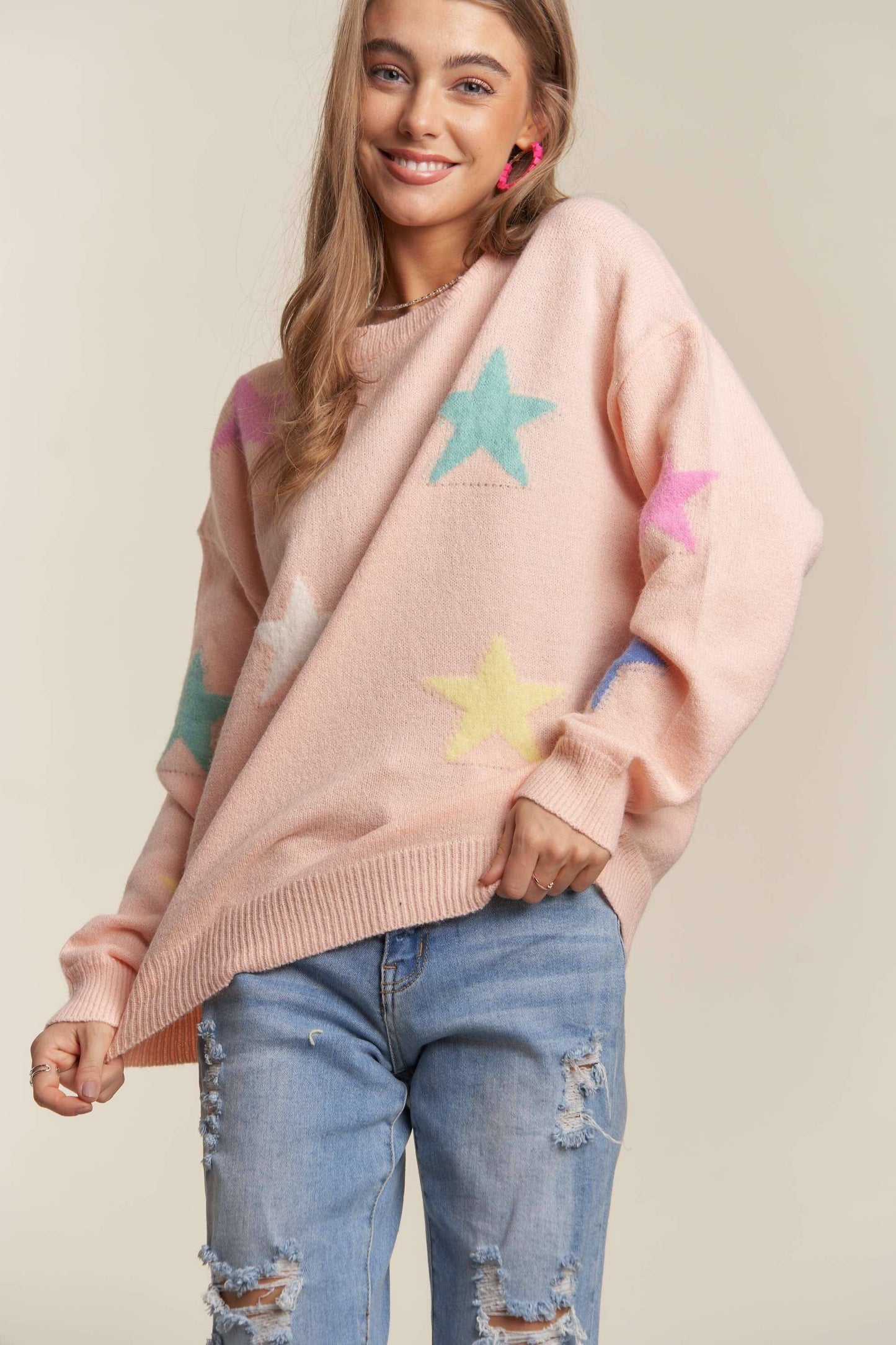 DROP SHOULDER STAR PATTERNED SWEATER