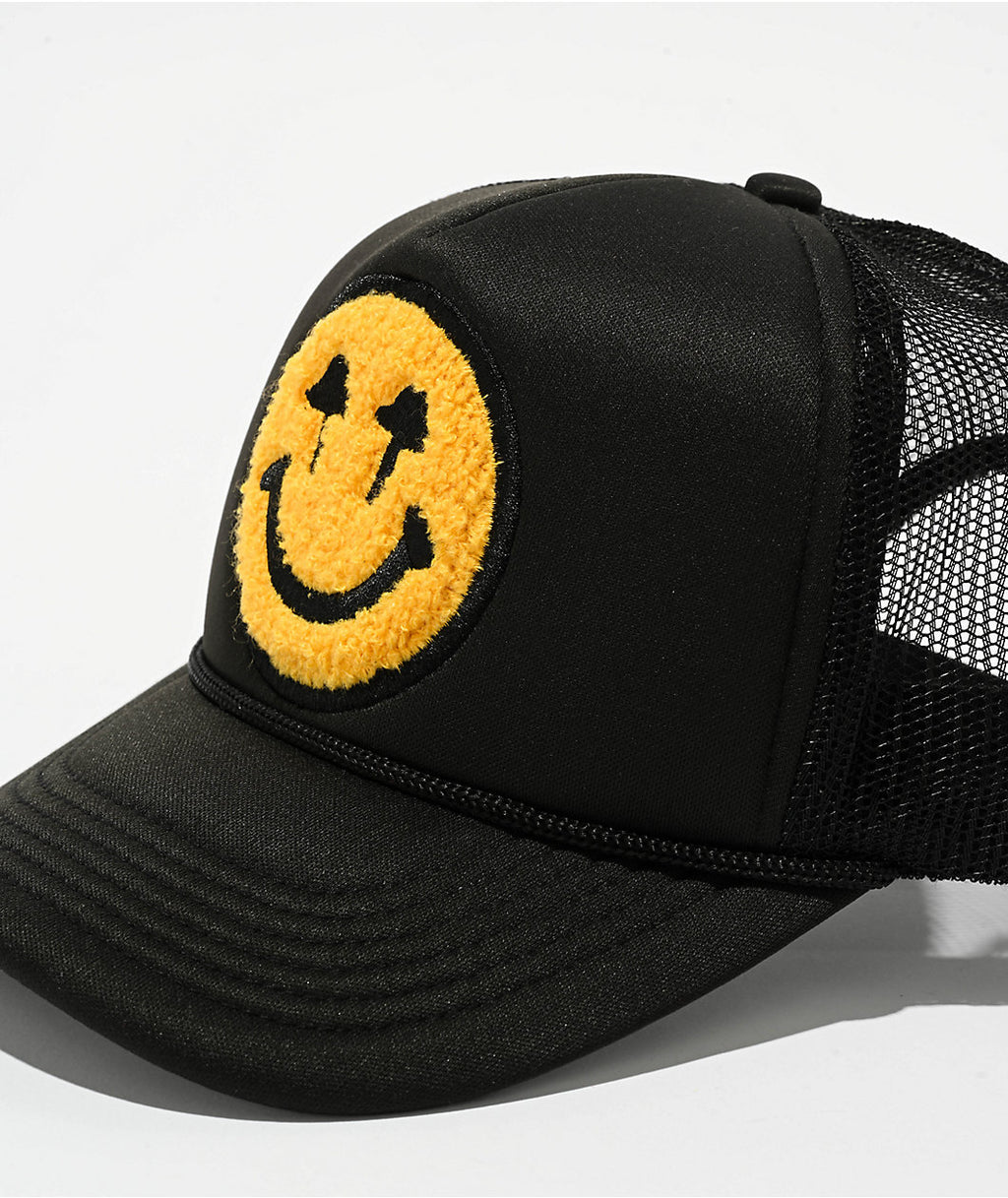 Happy Caps Double Blind Black and yellow smiley trucker