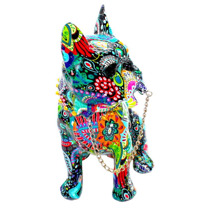 Painted Sitting Flower French Bulldog W/Necklace - 8" Tall