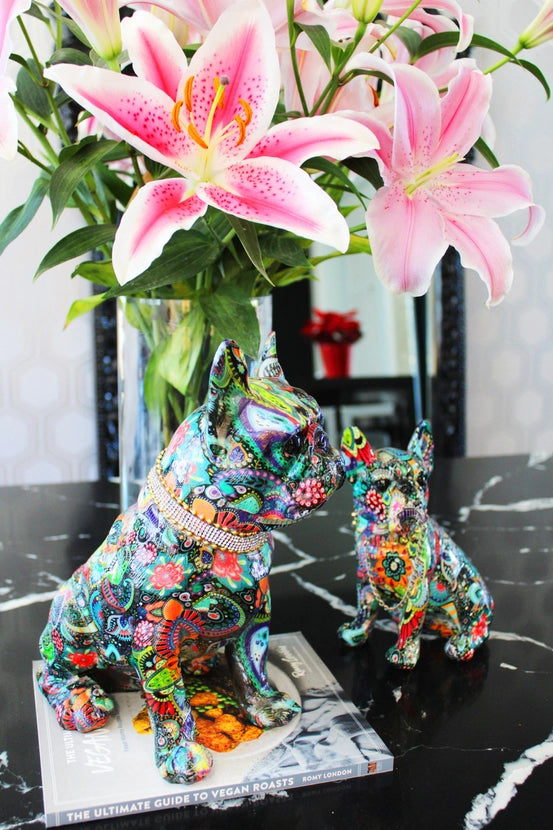 Painted Sitting Flower French Bulldog W/Necklace - 8" Tall