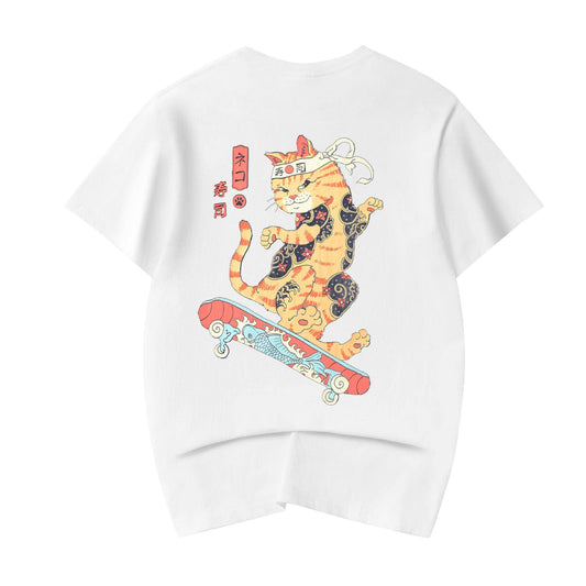 YeT019 Neko Skateboarding Cat Tee