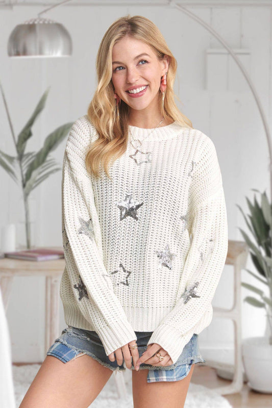 DROP SHOULDER SEQUINS STAR SWEATER TOP